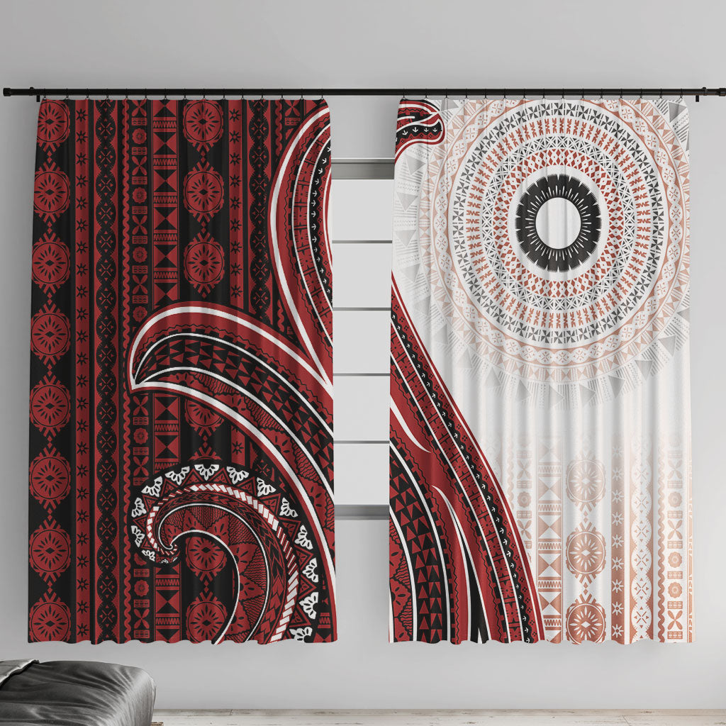 Bula Fiji Vintage Tapa Window Curtain Kaivity Masi Wave Motifs - Red LT7 With Hooks Red - Polynesian Pride