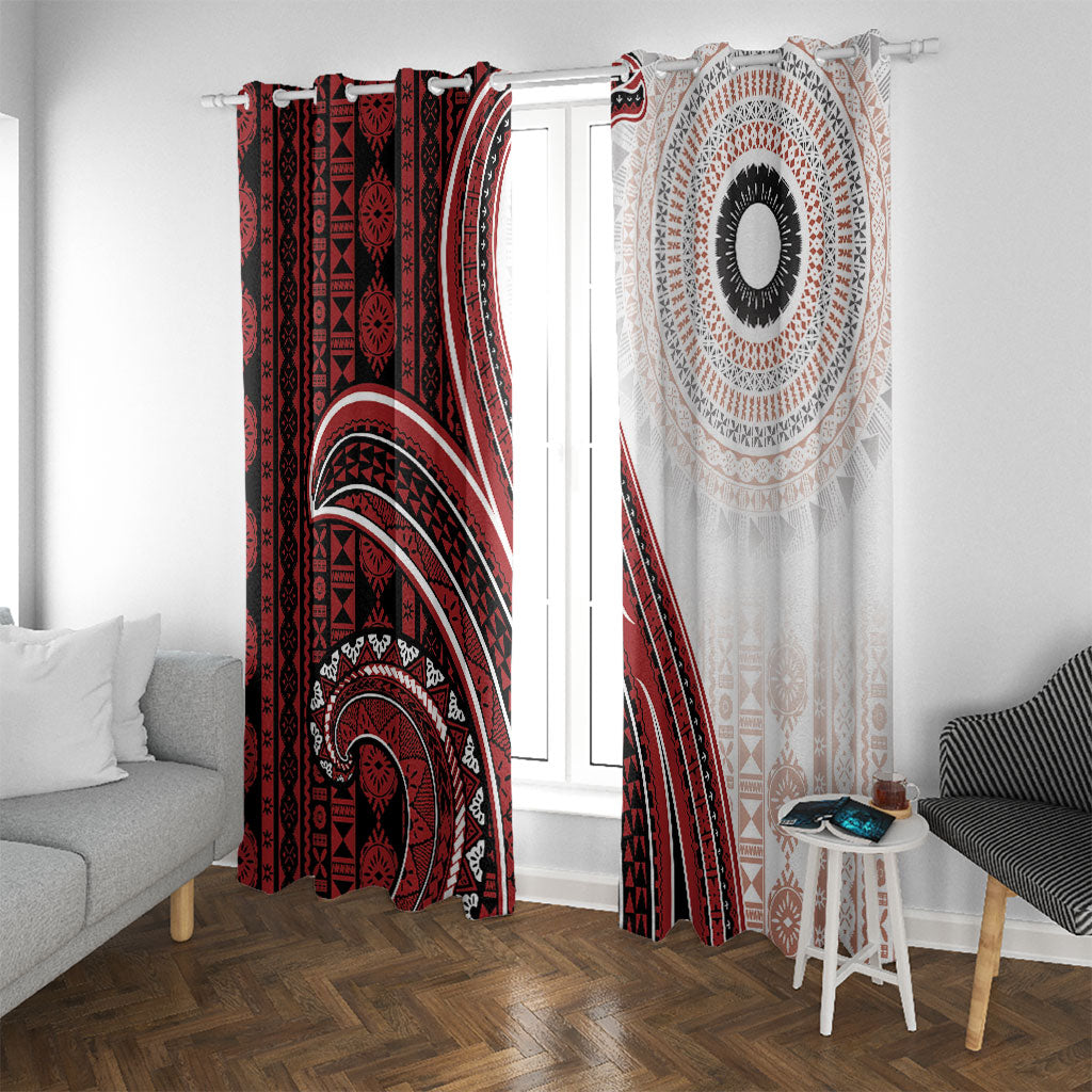 Bula Fiji Vintage Tapa Window Curtain Kaivity Masi Wave Motifs - Red LT7 With Grommets Red - Polynesian Pride