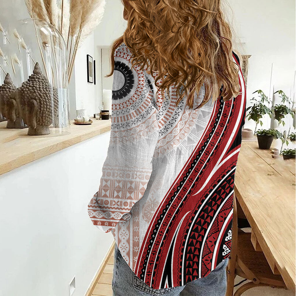 Bula Fiji Vintage Tapa Women Casual Shirt Kaivity Masi Wave Motifs - Red