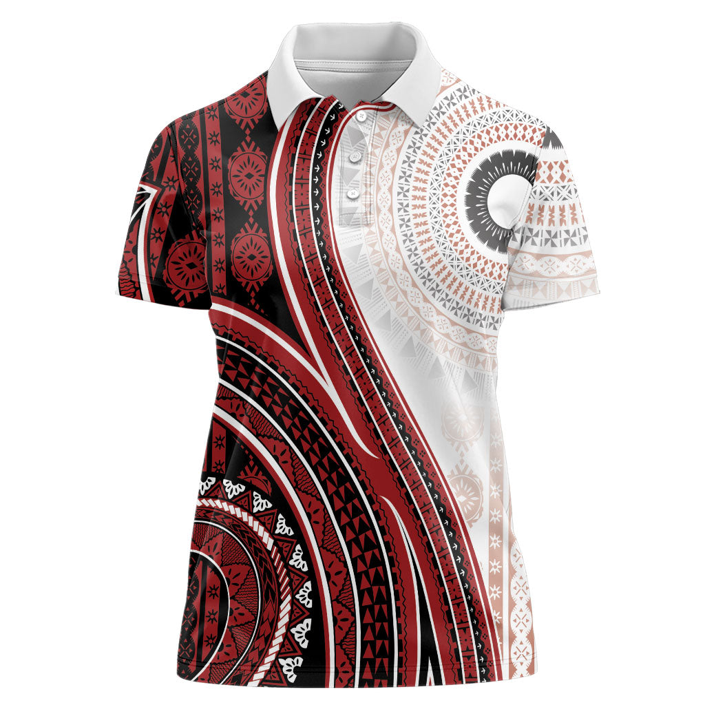 Bula Fiji Vintage Tapa Women Polo Shirt Kaivity Masi Wave Motifs - Red