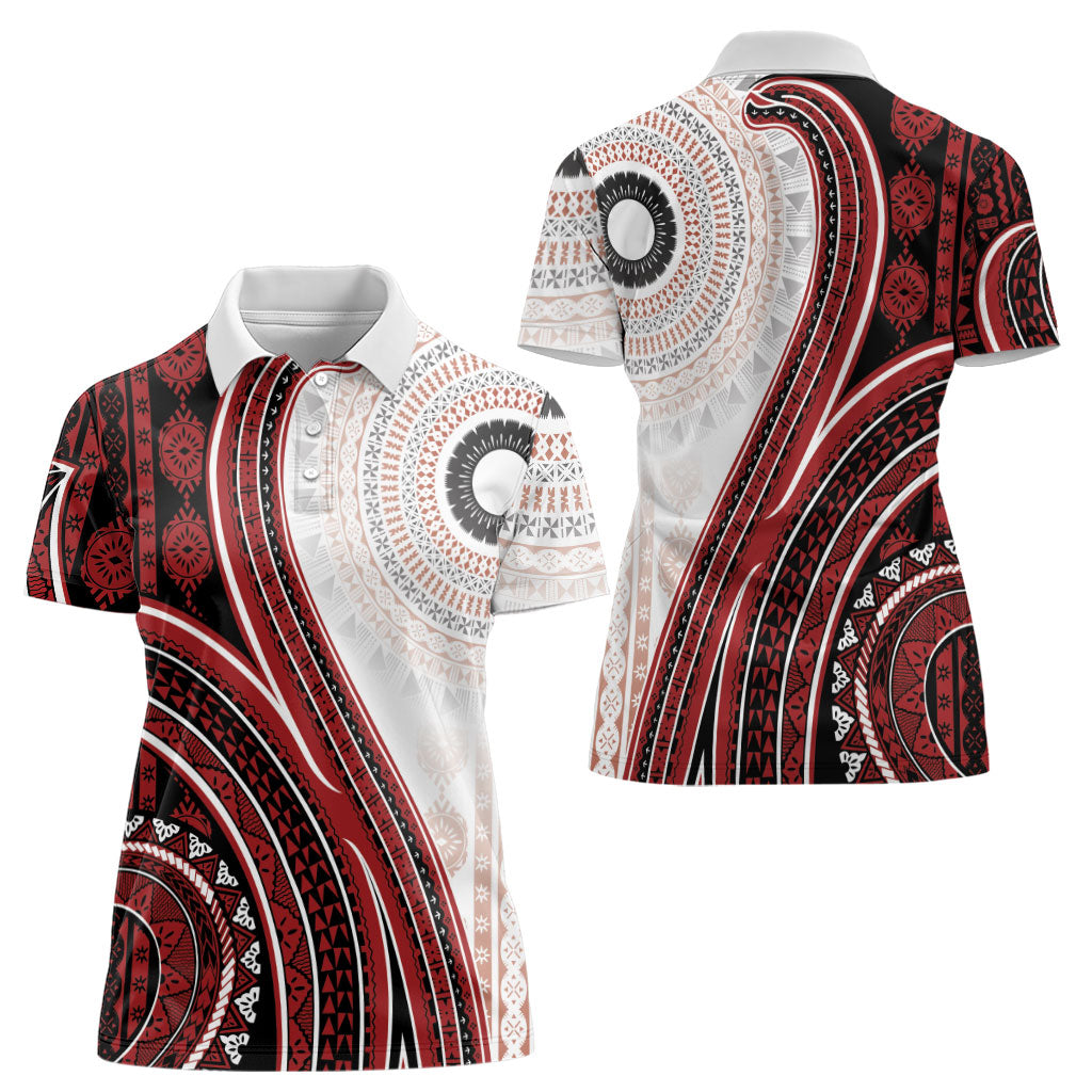 Bula Fiji Vintage Tapa Women Polo Shirt Kaivity Masi Wave Motifs - Red