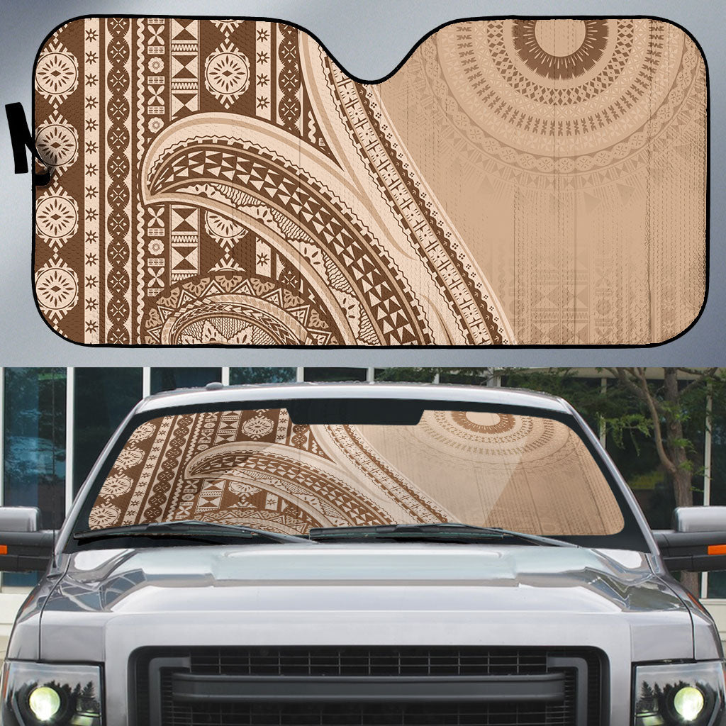 Bula Fiji Vintage Tapa Auto Sun Shade Kaivity Masi Wave Motifs - Mocha