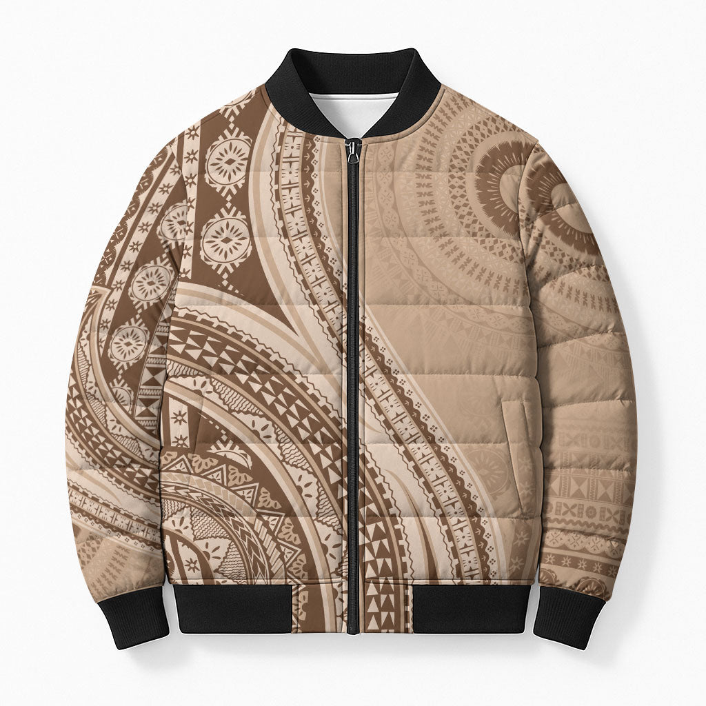 Bula Fiji Vintage Tapa Bomber Puffer Jacket Kaivity Masi Wave Motifs - Mocha LT7 Unisex Beige - Polynesian Pride