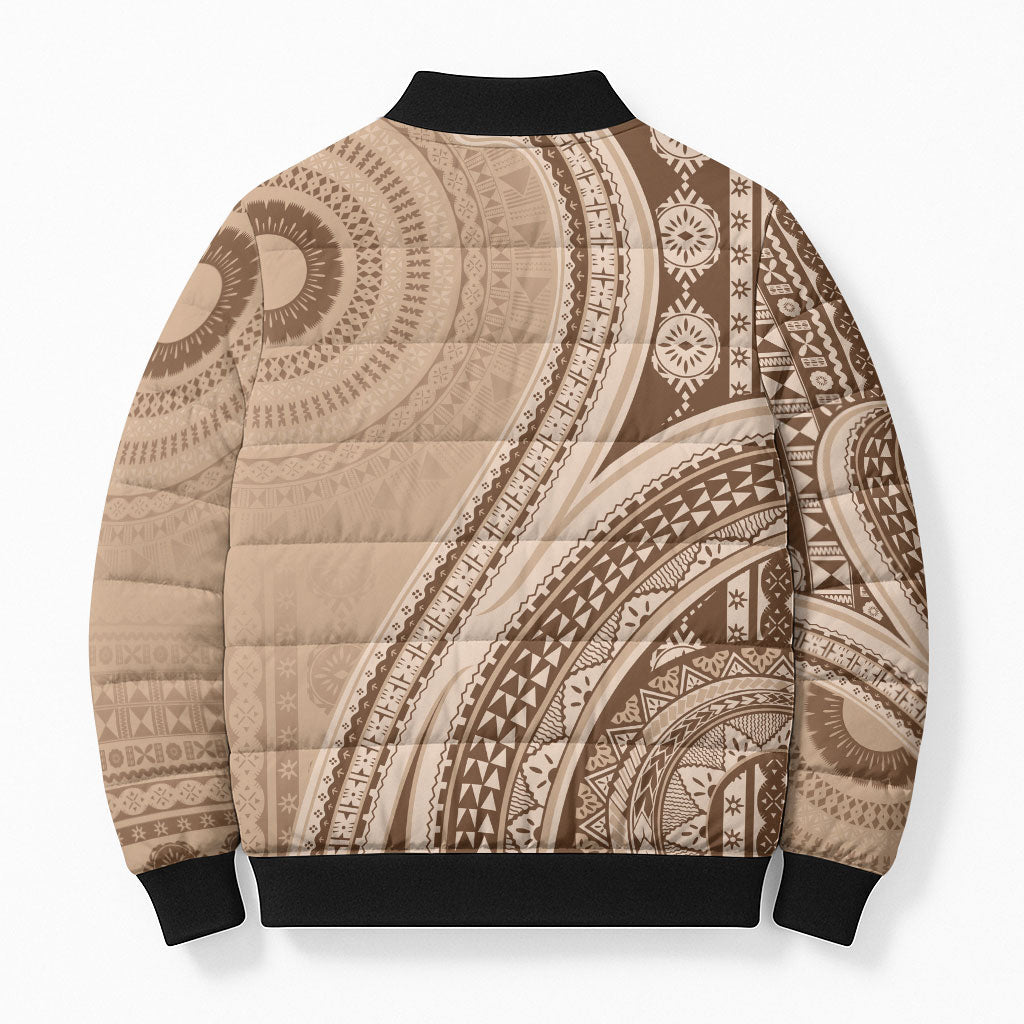 Bula Fiji Vintage Tapa Bomber Puffer Jacket Kaivity Masi Wave Motifs - Mocha LT7 - Polynesian Pride