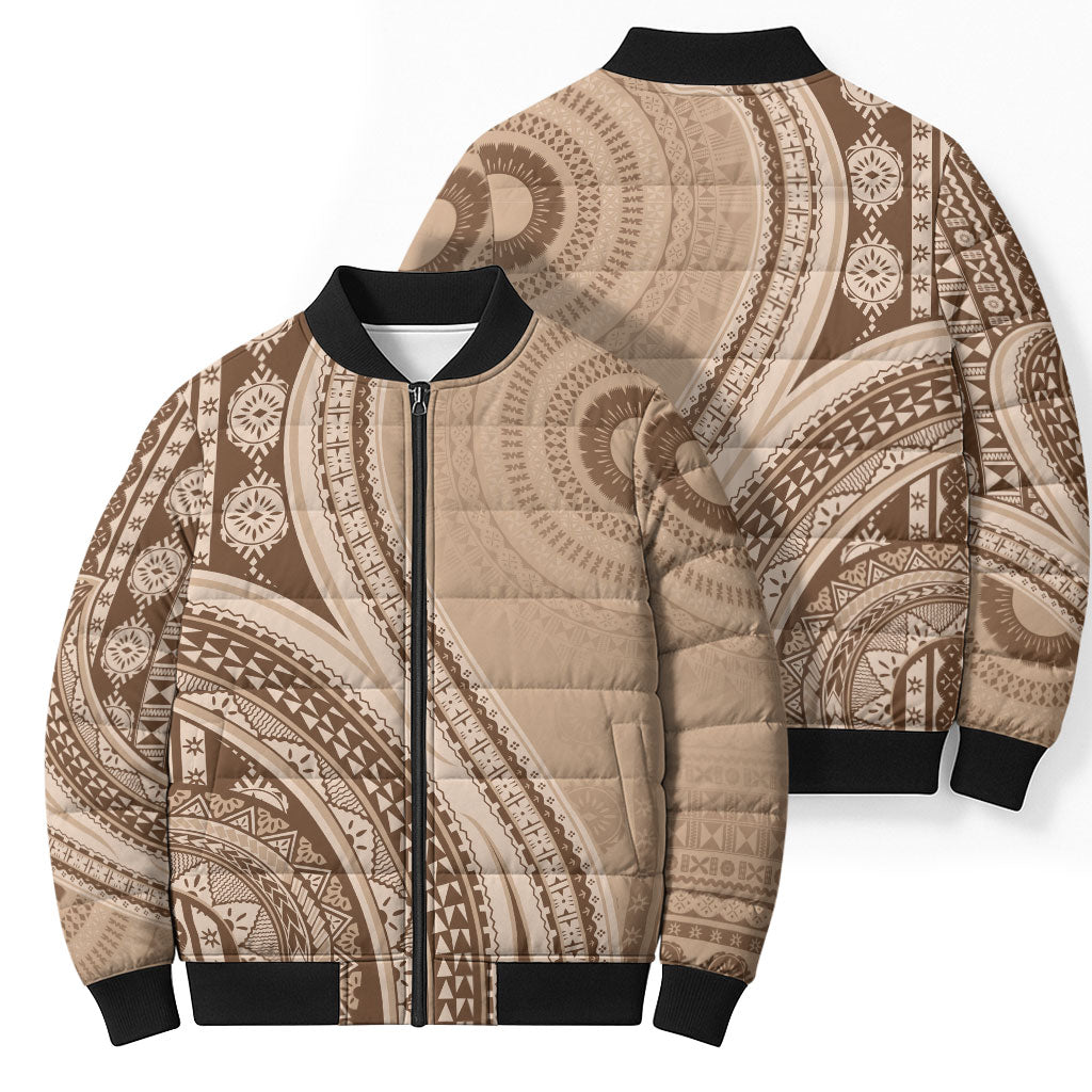 Bula Fiji Vintage Tapa Bomber Puffer Jacket Kaivity Masi Wave Motifs - Mocha LT7 - Polynesian Pride