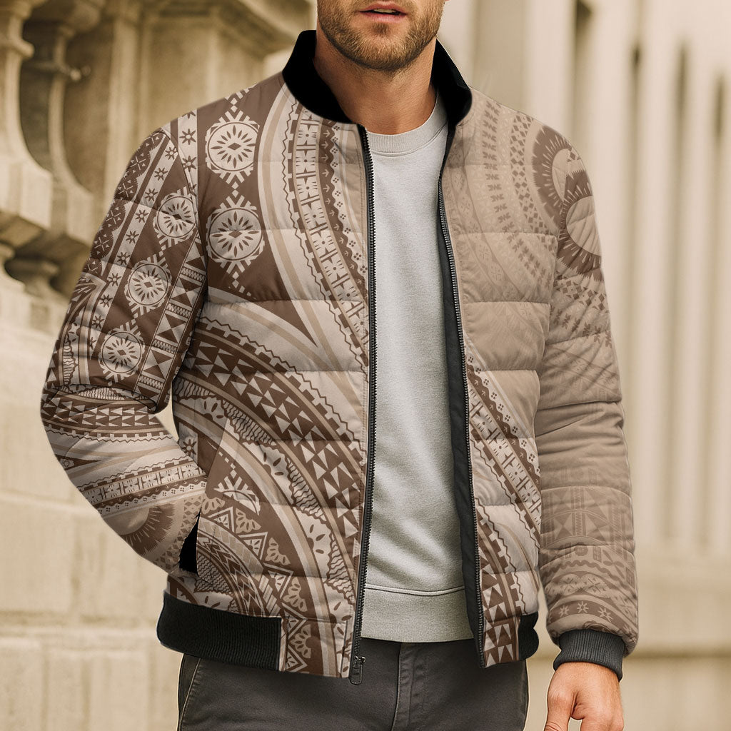 Bula Fiji Vintage Tapa Bomber Puffer Jacket Kaivity Masi Wave Motifs - Mocha LT7 - Polynesian Pride