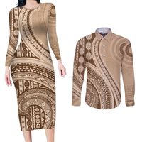 Bula Fiji Vintage Tapa Couples Matching Long Sleeve Bodycon Dress and Long Sleeve Button Shirt Kaivity Masi Wave Motifs - Mocha
