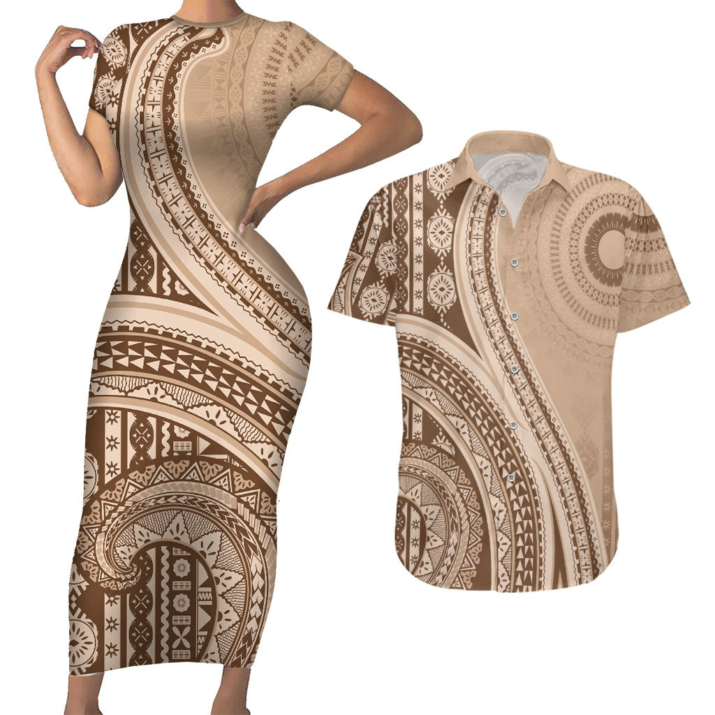 Bula Fiji Vintage Tapa Couples Matching Short Sleeve Bodycon Dress and Hawaiian Shirt Kaivity Masi Wave Motifs - Mocha