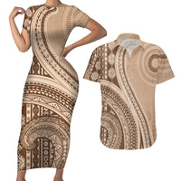 Bula Fiji Vintage Tapa Couples Matching Short Sleeve Bodycon Dress and Hawaiian Shirt Kaivity Masi Wave Motifs - Mocha