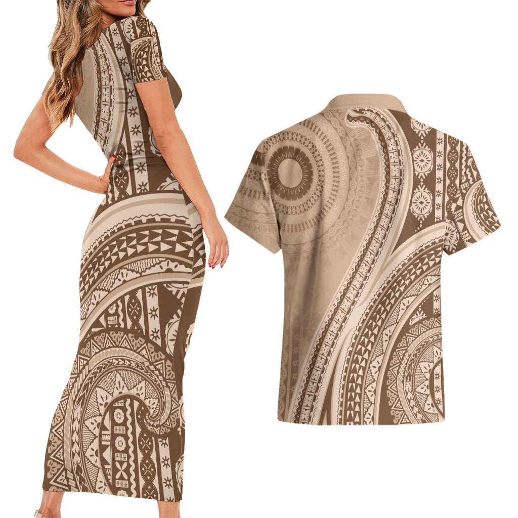 Bula Fiji Vintage Tapa Couples Matching Short Sleeve Bodycon Dress and Hawaiian Shirt Kaivity Masi Wave Motifs - Mocha