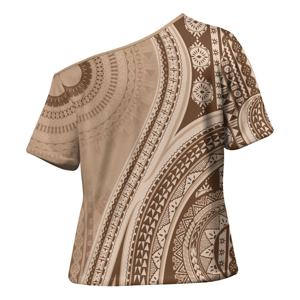 Bula Fiji Vintage Tapa Cross Shoulder Shirt Kaivity Masi Wave Motifs - Mocha LT7 - Polynesian Pride