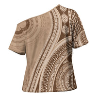 Bula Fiji Vintage Tapa Cross Shoulder Shirt Kaivity Masi Wave Motifs - Mocha LT7 - Polynesian Pride