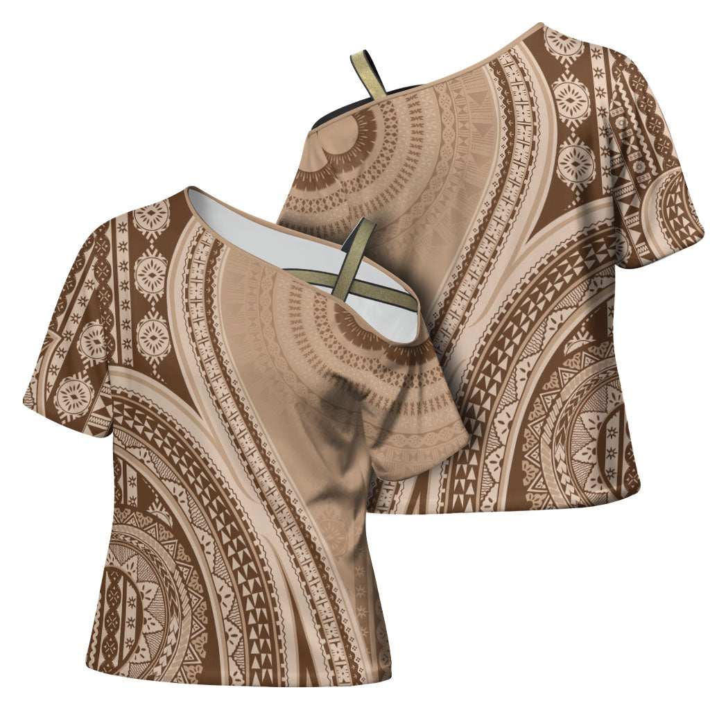 Bula Fiji Vintage Tapa Cross Shoulder Shirt Kaivity Masi Wave Motifs - Mocha LT7 - Polynesian Pride