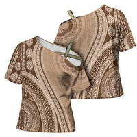 Bula Fiji Vintage Tapa Cross Shoulder Shirt Kaivity Masi Wave Motifs - Mocha LT7 - Polynesian Pride