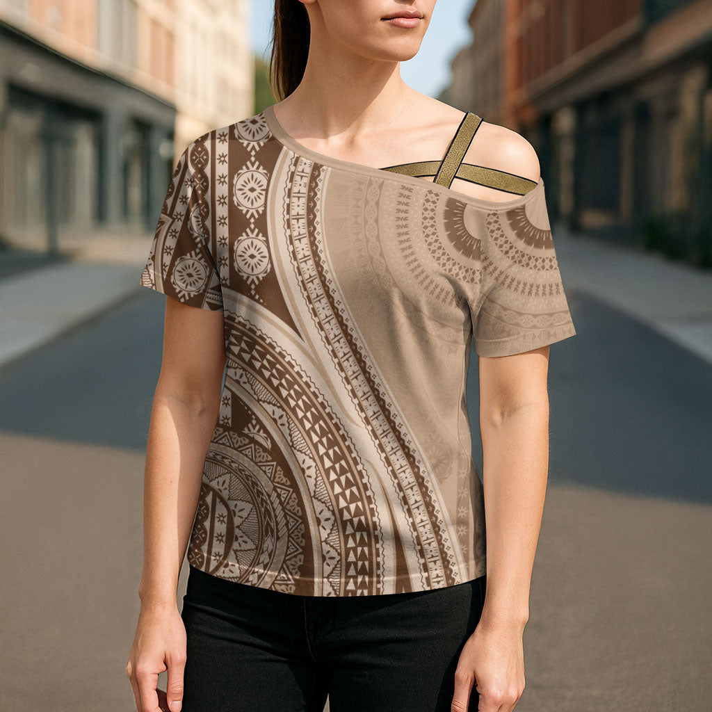 Bula Fiji Vintage Tapa Cross Shoulder Shirt Kaivity Masi Wave Motifs - Mocha LT7 - Polynesian Pride