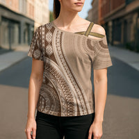 Bula Fiji Vintage Tapa Cross Shoulder Shirt Kaivity Masi Wave Motifs - Mocha LT7 - Polynesian Pride