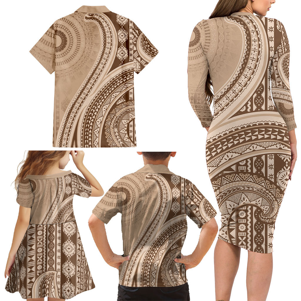 Bula Fiji Vintage Tapa Family Matching Long Sleeve Bodycon Dress and Hawaiian Shirt Kaivity Masi Wave Motifs - Mocha