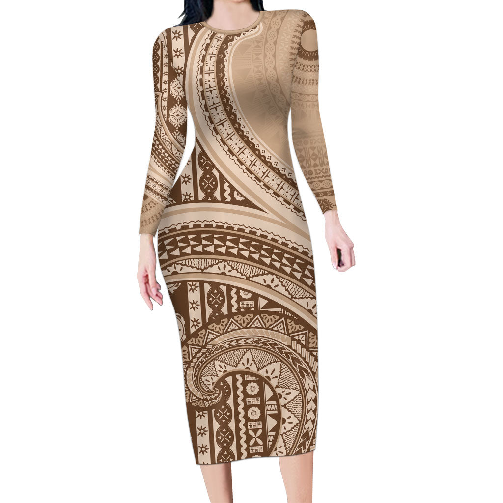 Bula Fiji Vintage Tapa Family Matching Long Sleeve Bodycon Dress and Hawaiian Shirt Kaivity Masi Wave Motifs - Mocha