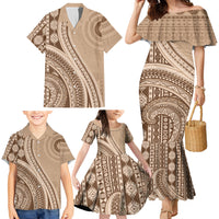 Bula Fiji Vintage Tapa Family Matching Mermaid Dress and Hawaiian Shirt Kaivity Masi Wave Motifs - Mocha
