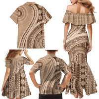 Bula Fiji Vintage Tapa Family Matching Mermaid Dress and Hawaiian Shirt Kaivity Masi Wave Motifs - Mocha