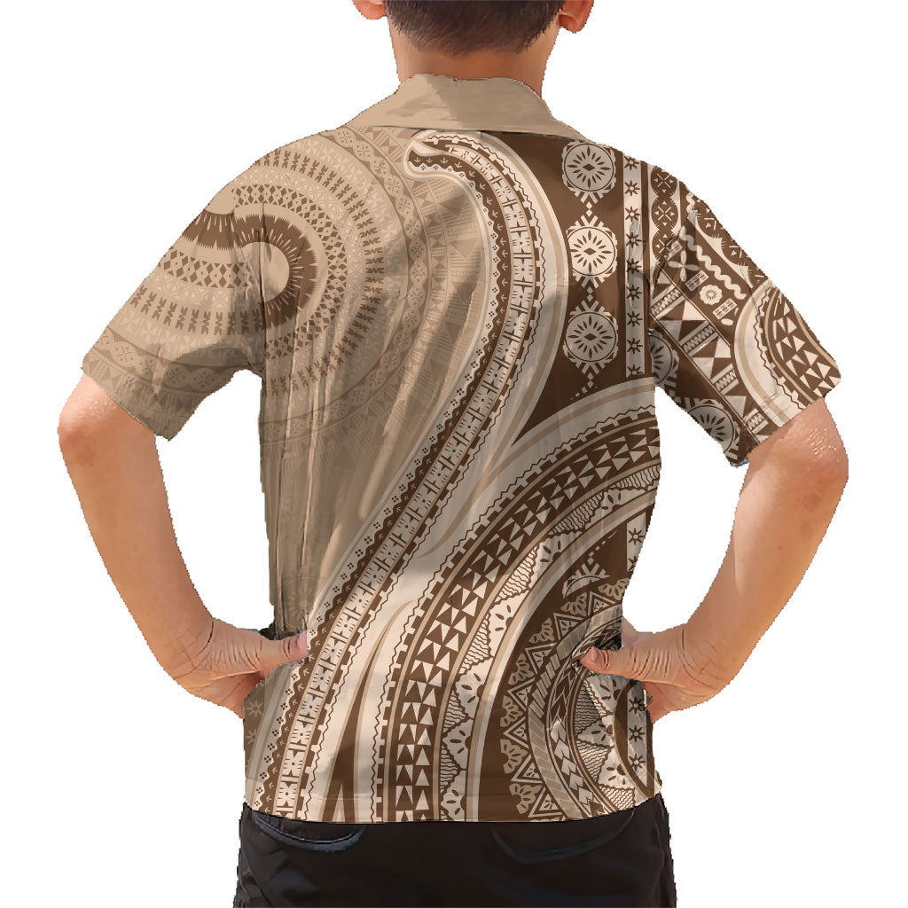 Bula Fiji Vintage Tapa Family Matching Off The Shoulder Long Sleeve Dress and Hawaiian Shirt Kaivity Masi Wave Motifs - Mocha