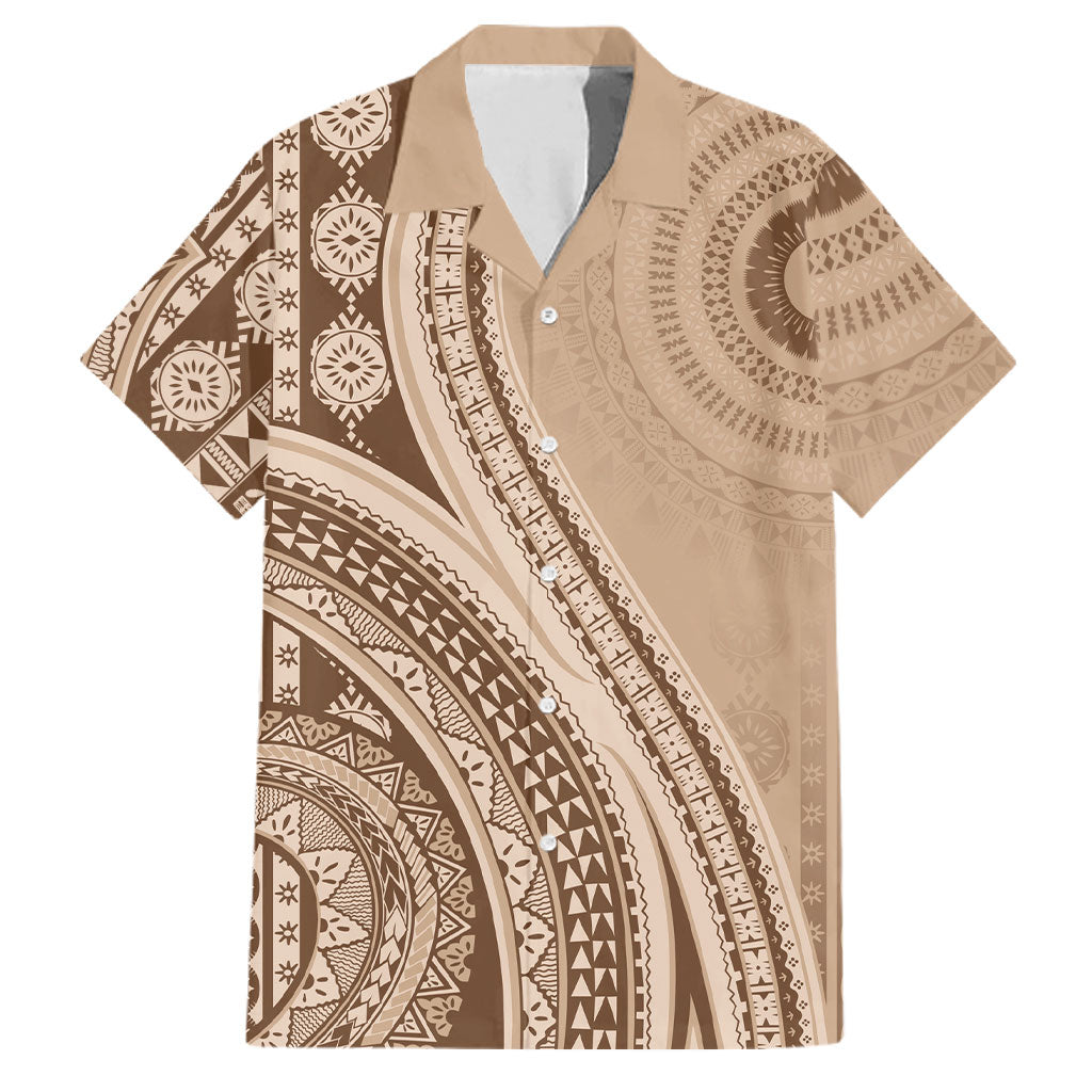 Bula Fiji Vintage Tapa Family Matching Off The Shoulder Long Sleeve Dress and Hawaiian Shirt Kaivity Masi Wave Motifs - Mocha