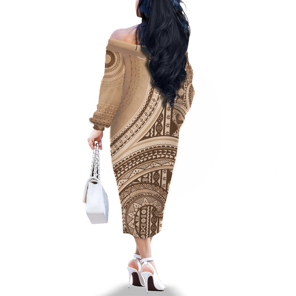 Bula Fiji Vintage Tapa Family Matching Off The Shoulder Long Sleeve Dress and Hawaiian Shirt Kaivity Masi Wave Motifs - Mocha