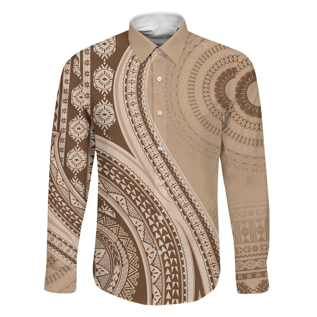Bula Fiji Vintage Tapa Family Matching Off Shoulder Maxi Dress and Hawaiian Shirt Kaivity Masi Wave Motifs - Mocha