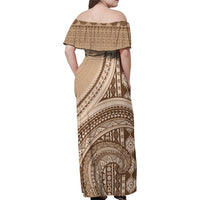 Bula Fiji Vintage Tapa Family Matching Off Shoulder Maxi Dress and Hawaiian Shirt Kaivity Masi Wave Motifs - Mocha