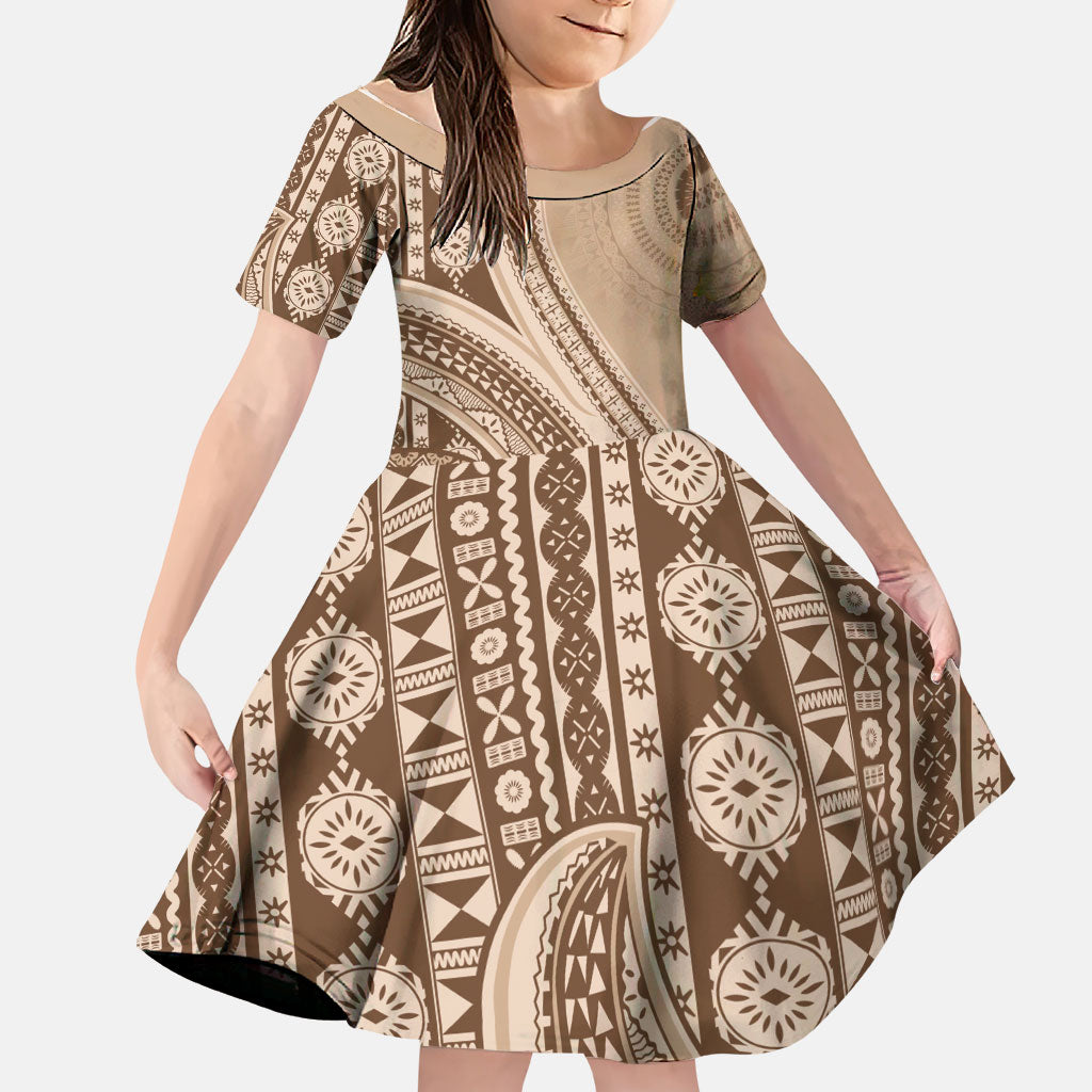 Bula Fiji Vintage Tapa Family Matching Off Shoulder Short Dress and Hawaiian Shirt Kaivity Masi Wave Motifs - Mocha