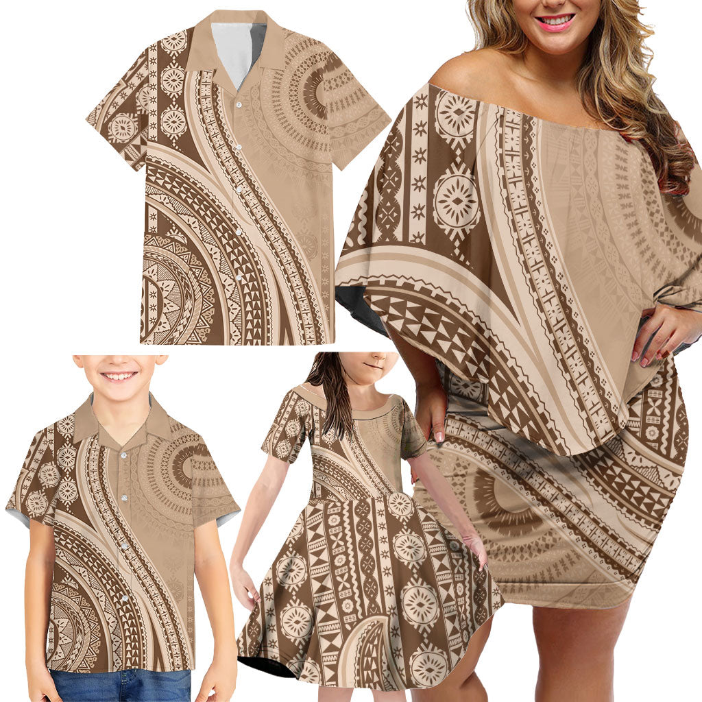 Bula Fiji Vintage Tapa Family Matching Off Shoulder Short Dress and Hawaiian Shirt Kaivity Masi Wave Motifs - Mocha