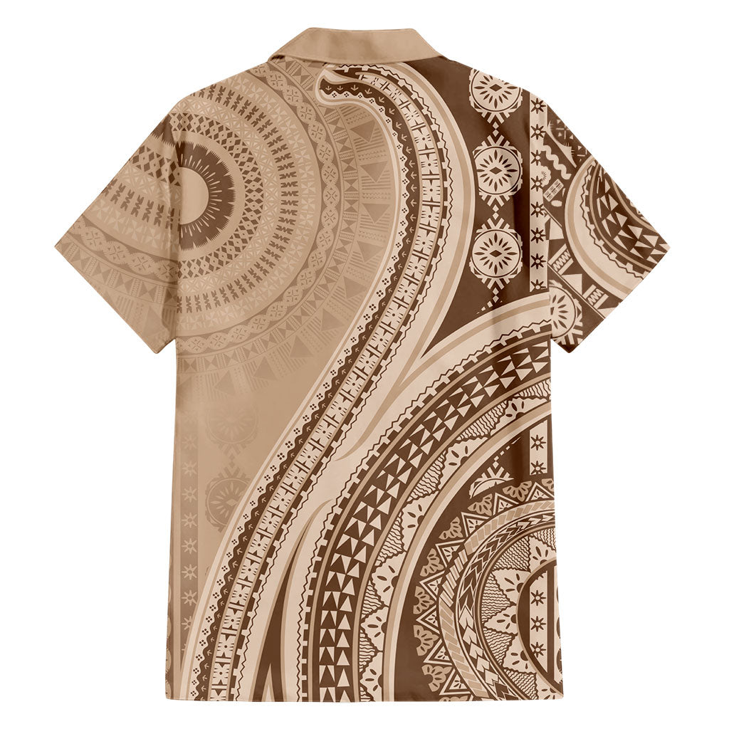 Bula Fiji Vintage Tapa Family Matching Off Shoulder Short Dress and Hawaiian Shirt Kaivity Masi Wave Motifs - Mocha