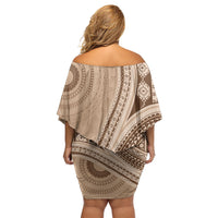 Bula Fiji Vintage Tapa Family Matching Off Shoulder Short Dress and Hawaiian Shirt Kaivity Masi Wave Motifs - Mocha
