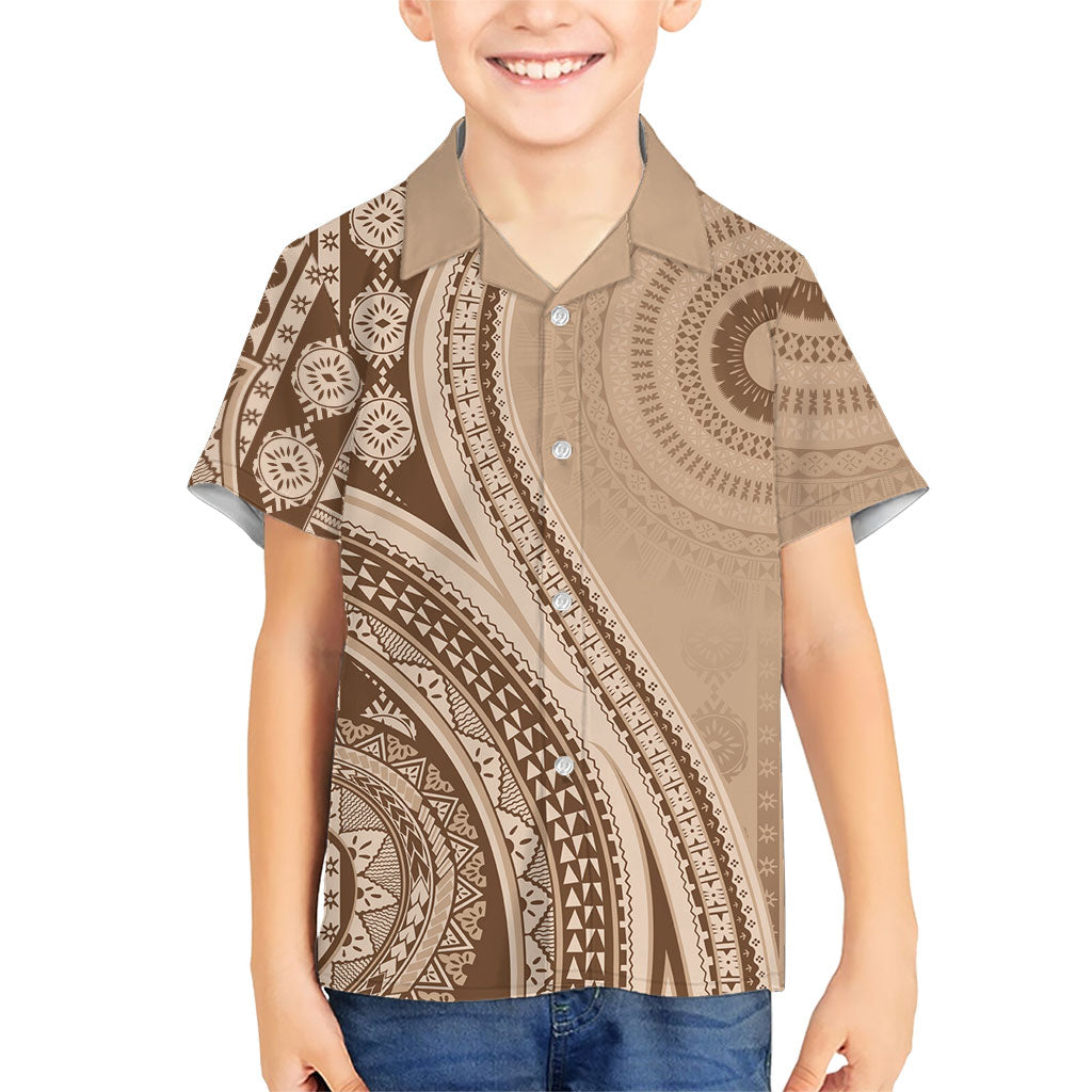 Bula Fiji Vintage Tapa Family Matching Off Shoulder Short Dress and Hawaiian Shirt Kaivity Masi Wave Motifs - Mocha