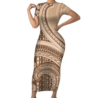 Bula Fiji Vintage Tapa Family Matching Short Sleeve Bodycon Dress and Hawaiian Shirt Kaivity Masi Wave Motifs - Mocha