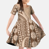 Bula Fiji Vintage Tapa Family Matching Summer Maxi Dress and Hawaiian Shirt Kaivity Masi Wave Motifs - Mocha