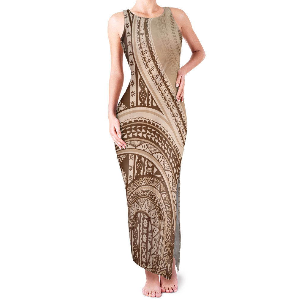 Bula Fiji Vintage Tapa Family Matching Tank Maxi Dress and Hawaiian Shirt Kaivity Masi Wave Motifs - Mocha