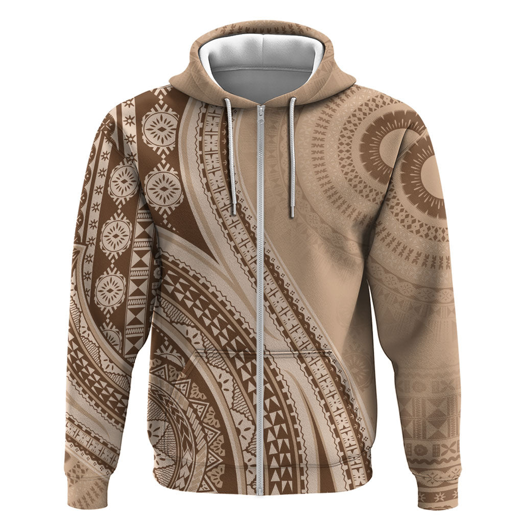 Bula Fiji Vintage Tapa Hoodie Kaivity Masi Wave Motifs - Mocha LT7 Zip Hoodie Beige - Polynesian Pride