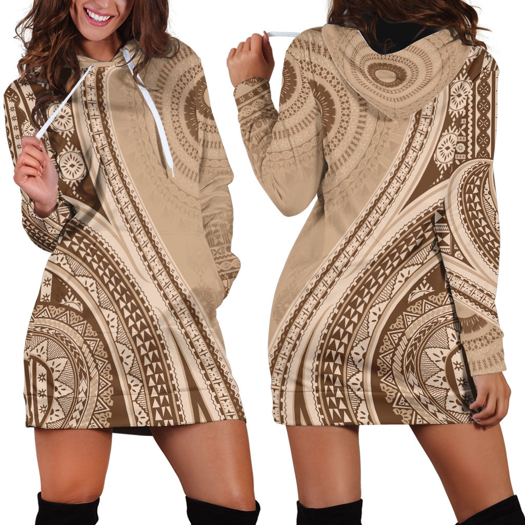 Bula Fiji Vintage Tapa Hoodie Dress Kaivity Masi Wave Motifs - Mocha