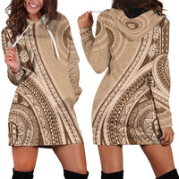 Bula Fiji Vintage Tapa Hoodie Dress Kaivity Masi Wave Motifs - Mocha