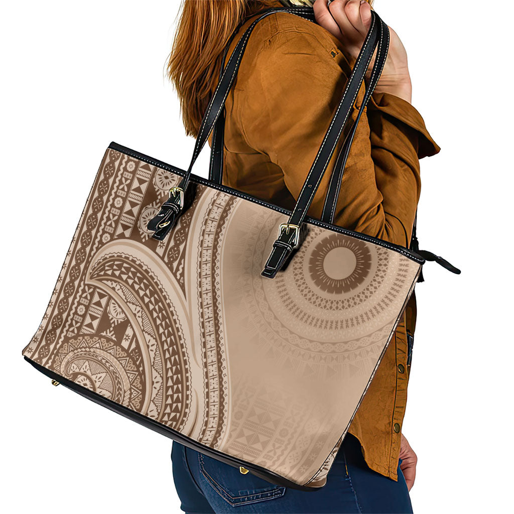 Bula Fiji Vintage Tapa Leather Tote Bag Kaivity Masi Wave Motifs - Mocha