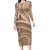 Bula Fiji Vintage Tapa Long Sleeve Bodycon Dress Kaivity Masi Wave Motifs - Mocha