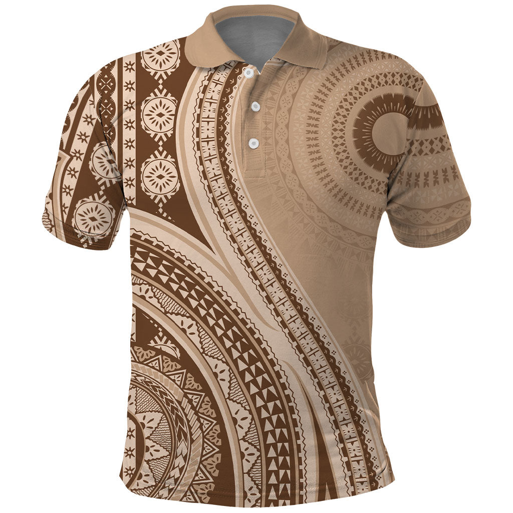 Bula Fiji Vintage Tapa Polo Shirt Kaivity Masi Wave Motifs - Mocha