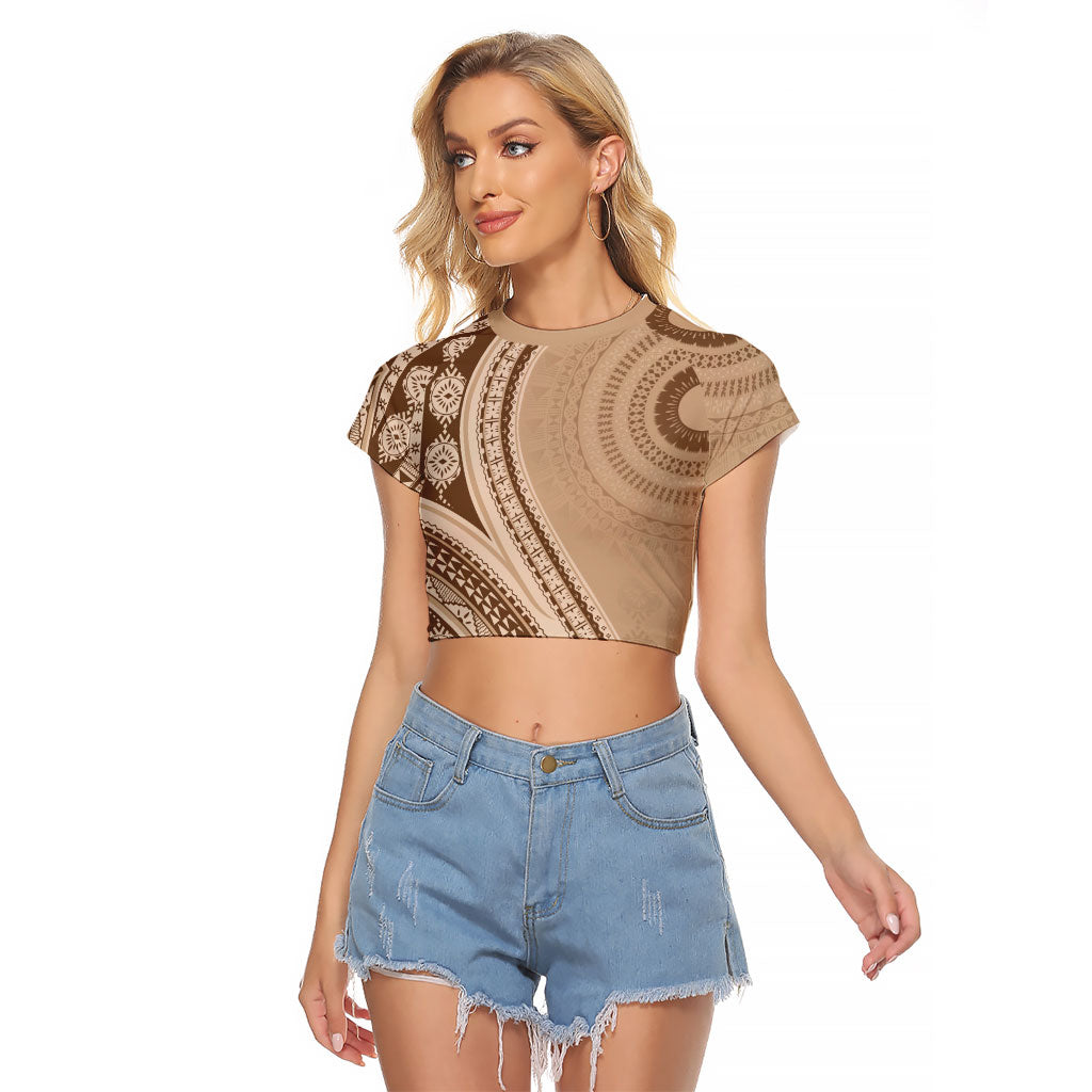 Bula Fiji Vintage Tapa Raglan Cropped T Shirt Kaivity Masi Wave Motifs - Mocha