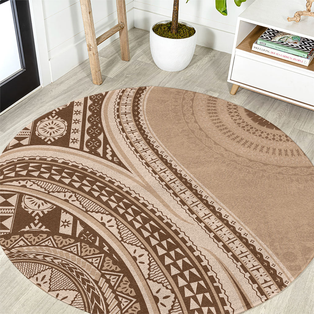 Bula Fiji Vintage Tapa Round Carpet Kaivity Masi Wave Motifs - Mocha LT7 Beige - Polynesian Pride