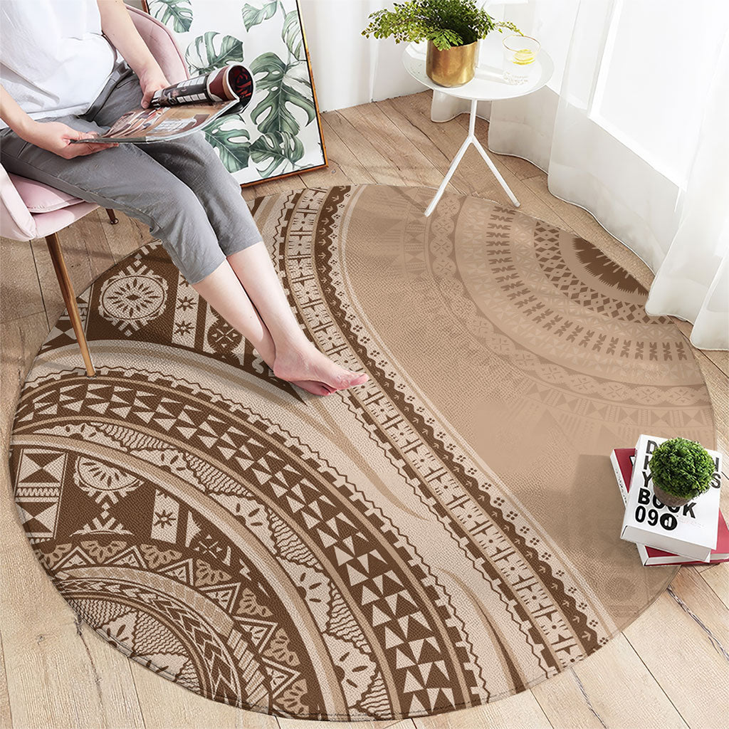 Bula Fiji Vintage Tapa Round Carpet Kaivity Masi Wave Motifs - Mocha LT7 - Polynesian Pride