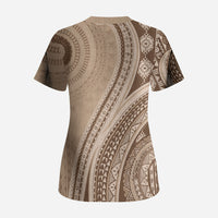 Bula Fiji Vintage Tapa Scrub Top Kaivity Masi Wave Motifs - Mocha