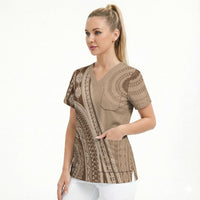 Bula Fiji Vintage Tapa Scrub Top Kaivity Masi Wave Motifs - Mocha