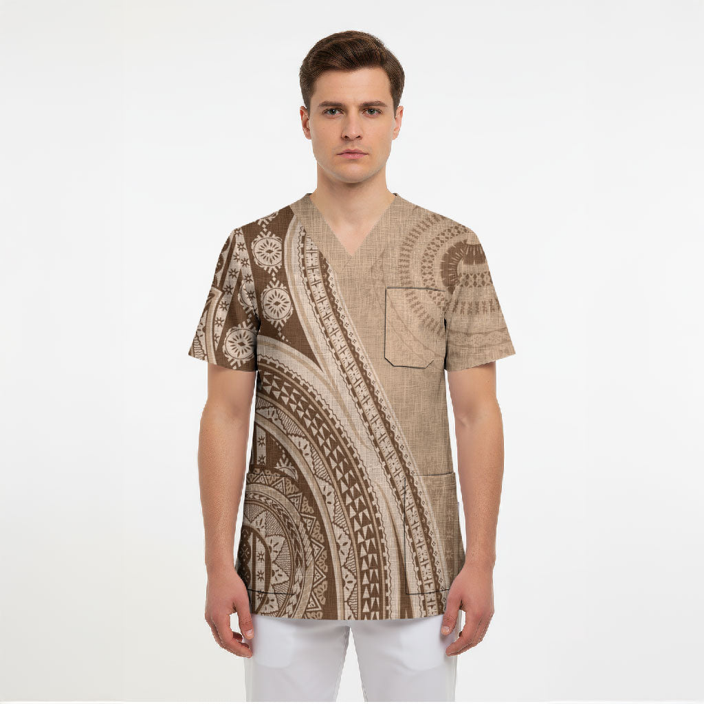 Bula Fiji Vintage Tapa Scrub Top Kaivity Masi Wave Motifs - Mocha