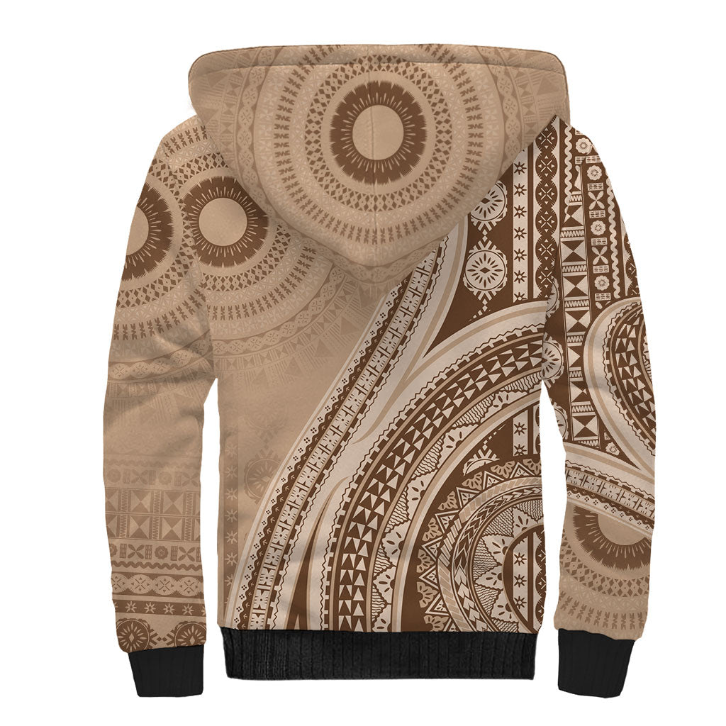 Bula Fiji Vintage Tapa Sherpa Hoodie Kaivity Masi Wave Motifs - Mocha